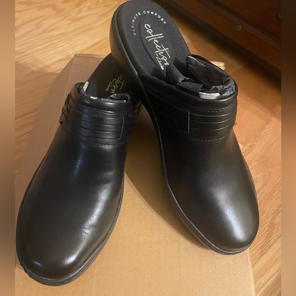 Clarks Black Leather Mules
